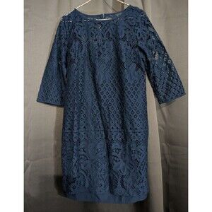 Loft Dress Womens 8 Navy Blue Shift Lace Lined 3/4 Sleeve Whimsy Goth Witchy